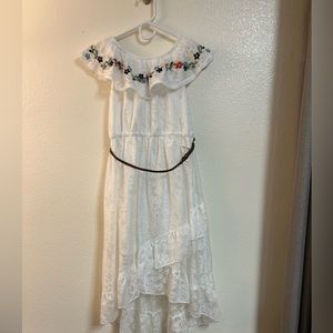 White lace dress asymmetrical with belt